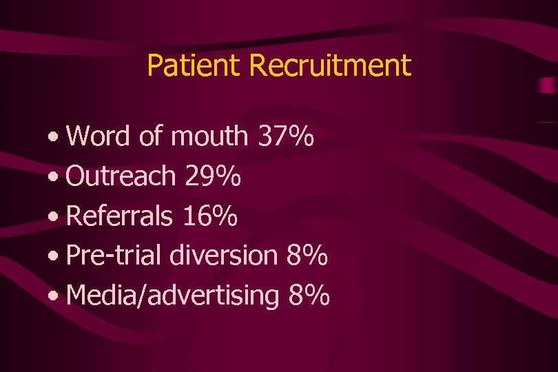 Patient Recruitment • Word of mouth 37% • Outreach 29% • Referrals 16% •