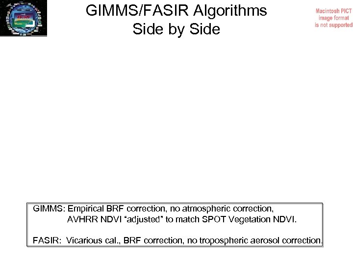 GIMMS/FASIR Algorithms Side by Side GIMMS: Empirical BRF correction, no atmospheric correction, AVHRR NDVI