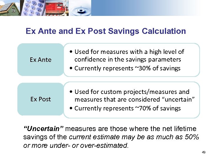Ex Ante and Ex Post Savings Calculation Ex Ante • Used for measures with