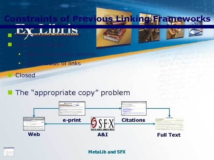 Constraints of Previous Linking Frameworks n Non context-sensitive n Limited in scope: § types