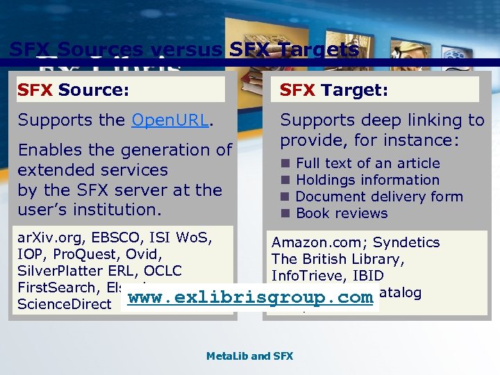 SFX Sources versus SFX Targets SFX Source: SFX Target: Supports the Open. URL. Supports