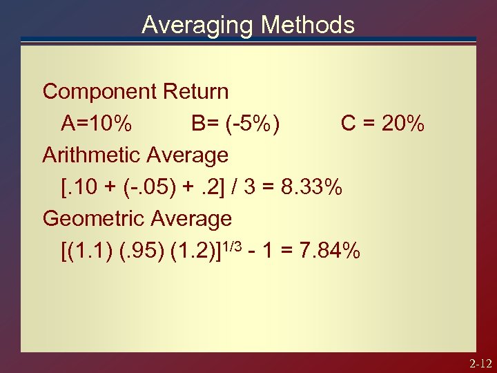 Averaging Methods Component Return A=10% B= (-5%) C = 20% Arithmetic Average [. 10