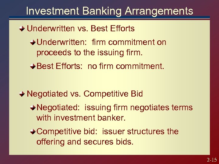 Investment Banking Arrangements Underwritten vs. Best Efforts Underwritten: firm commitment on proceeds to the