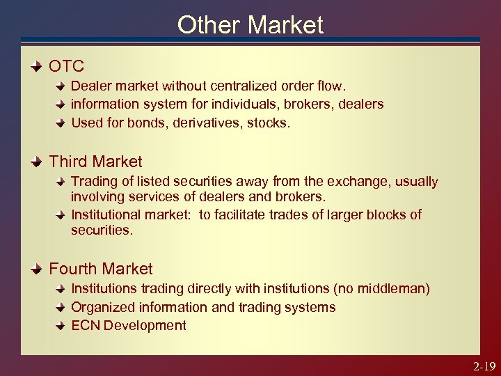 Other Market OTC Dealer market without centralized order flow. information system for individuals, brokers,