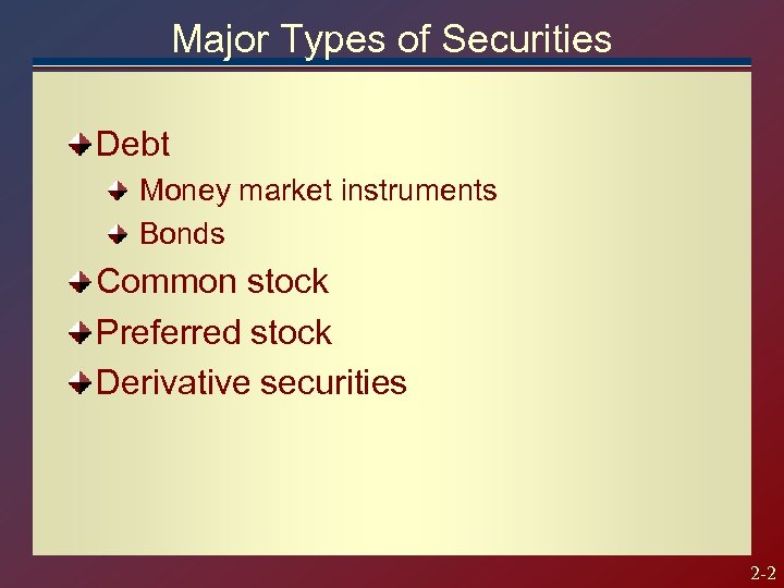 Major Types of Securities Debt Money market instruments Bonds Common stock Preferred stock Derivative