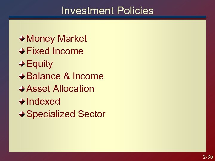 Investment Policies Money Market Fixed Income Equity Balance & Income Asset Allocation Indexed Specialized