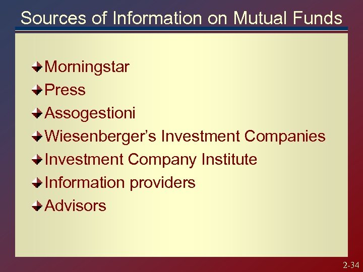 Sources of Information on Mutual Funds Morningstar Press Assogestioni Wiesenberger’s Investment Companies Investment Company