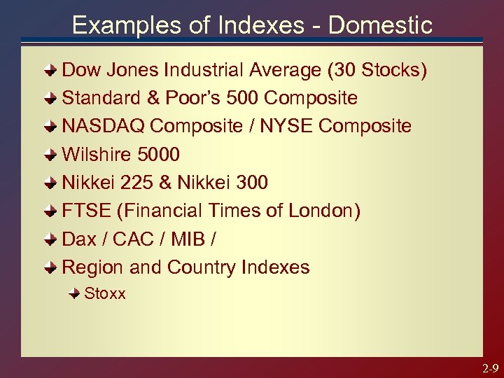 Examples of Indexes - Domestic Dow Jones Industrial Average (30 Stocks) Standard & Poor’s