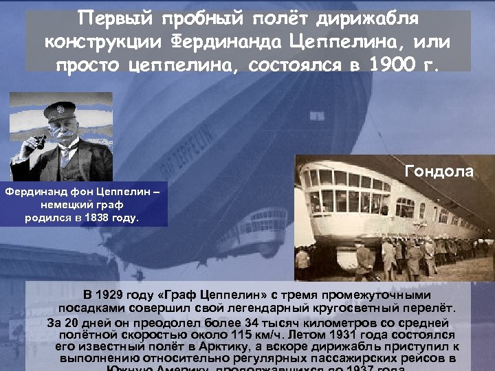 Первый пробный полёт дирижабля конструкции Фердинанда Цеппелина, или просто цеппелина, состоялся в 1900 г.