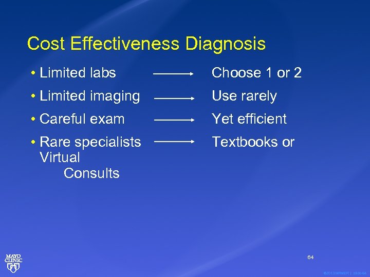 Cost Effectiveness Diagnosis • Limited labs Choose 1 or 2 • Limited imaging Use