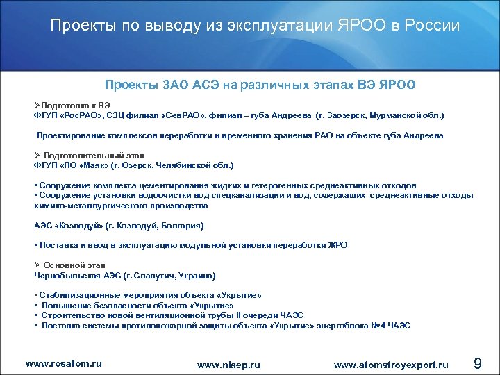 Проекты по выводу из эксплуатации ЯРОО в России Проекты ЗАО АСЭ на различных этапах