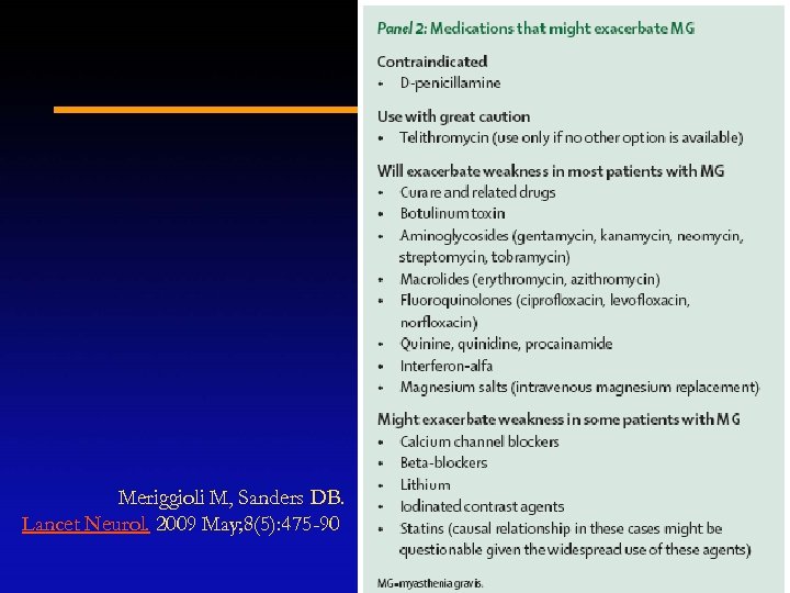 Meriggioli M, Sanders DB. Lancet Neurol. 2009 May; 8(5): 475 -90 