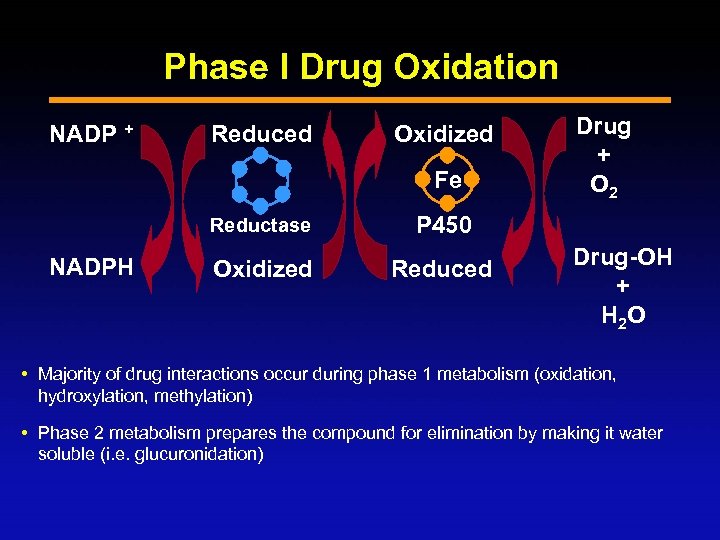 Phase I Drug Oxidation NADP + Reduced Oxidized Fe Reductase NADPH P 450 Oxidized