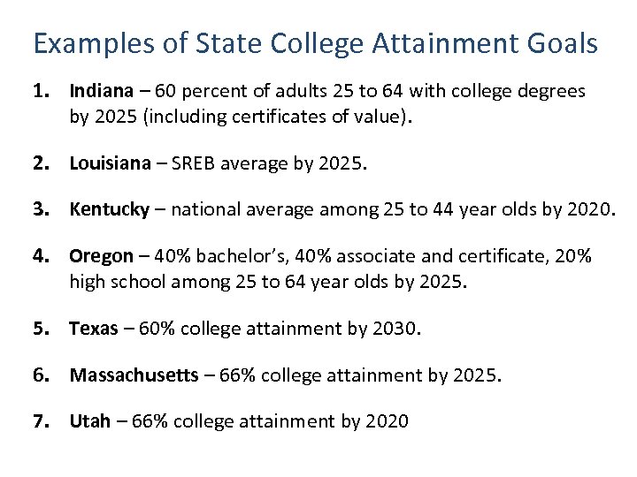 Examples of State College Attainment Goals 1. Indiana – 60 percent of adults 25