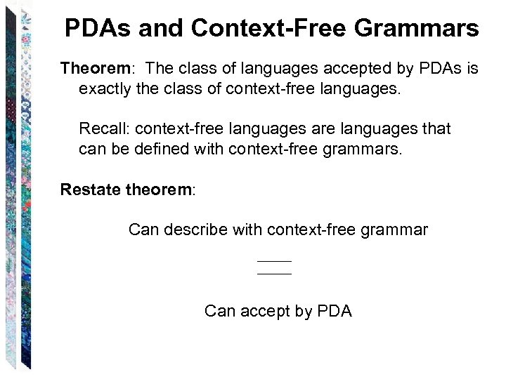 PDAs and Context-Free Grammars Theorem: The class of languages accepted by PDAs is exactly