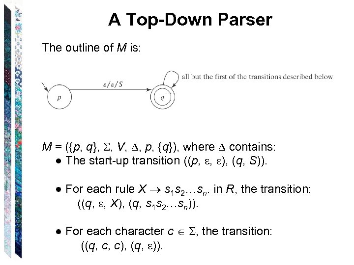 A Top-Down Parser The outline of M is: M = ({p, q}, , V,