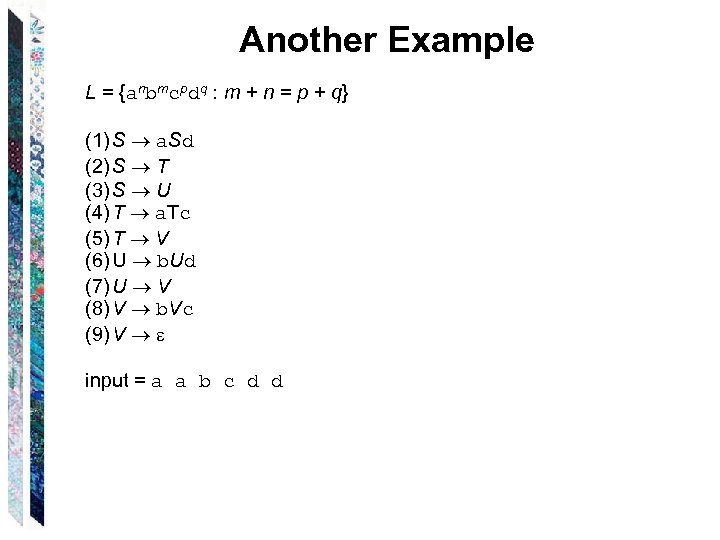 Another Example L = {anbmcpdq : m + n = p + q} (1)