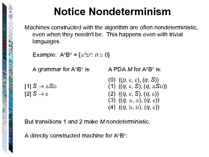 Notice Nondeterminism Machines constructed with the algorithm are often nondeterministic, even when they needn't