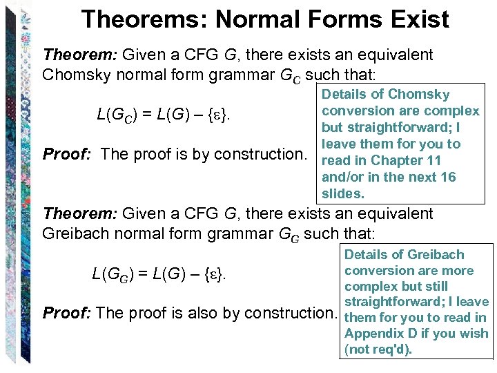 Theorems: Normal Forms Exist Theorem: Given a CFG G, there exists an equivalent Chomsky