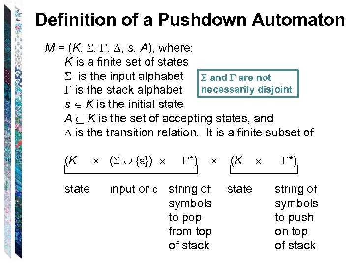 Definition of a Pushdown Automaton M = (K, , s, A), where: K is