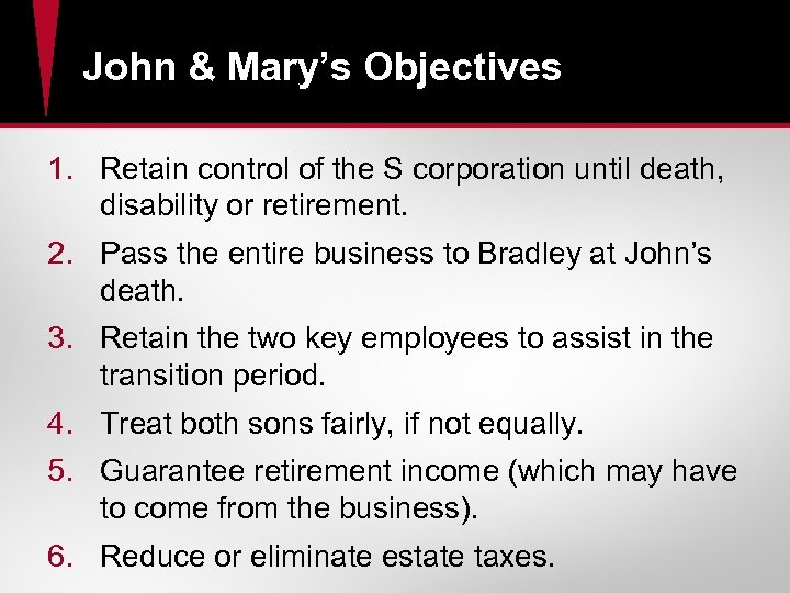 John & Mary’s Objectives 1. Retain control of the S corporation until death, disability