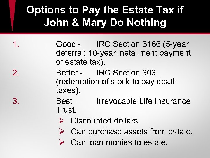 Options to Pay the Estate Tax if John & Mary Do Nothing 1. 2.