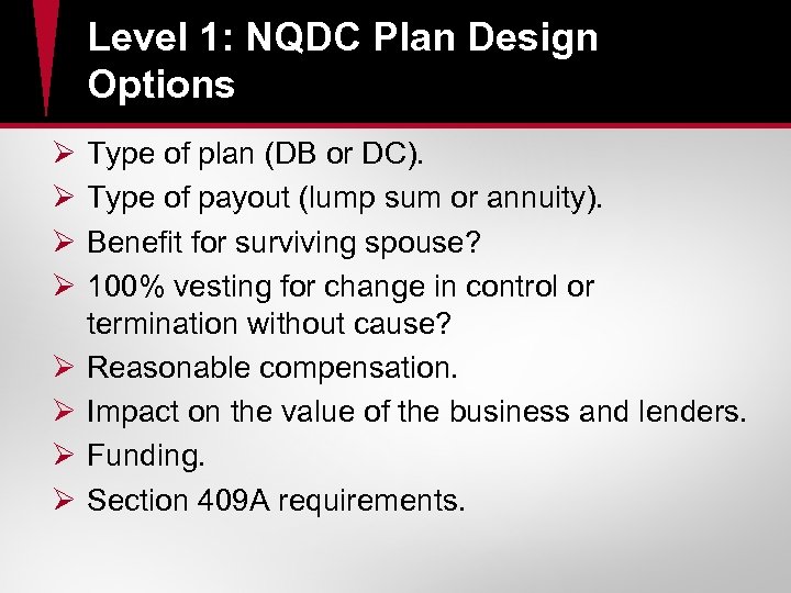 Level 1: NQDC Plan Design Options Ø Ø Ø Ø Type of plan (DB