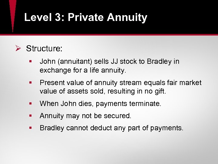Level 3: Private Annuity Ø Structure: § John (annuitant) sells JJ stock to Bradley