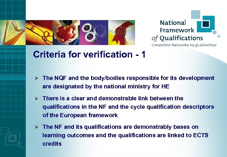 Criteria for verification - 1 Ø The NQF and the body/bodies responsible for its
