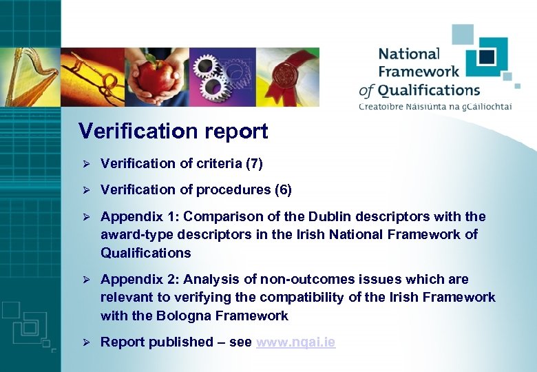 Verification report Ø Verification of criteria (7) Ø Verification of procedures (6) Ø Appendix