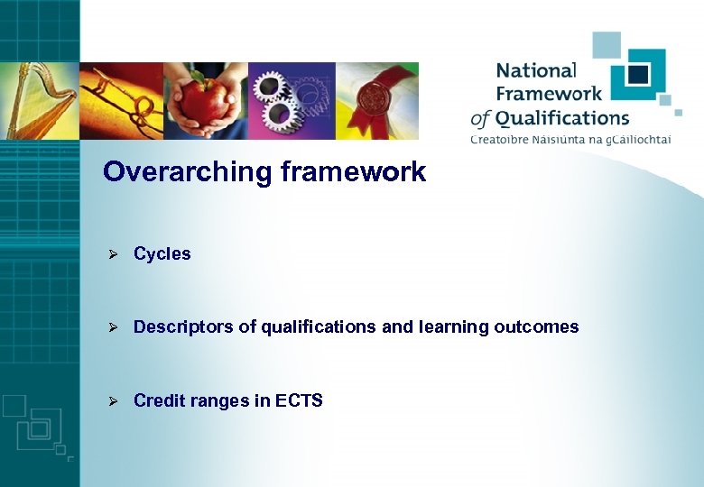 Overarching framework Ø Cycles Ø Descriptors of qualifications and learning outcomes Ø Credit ranges