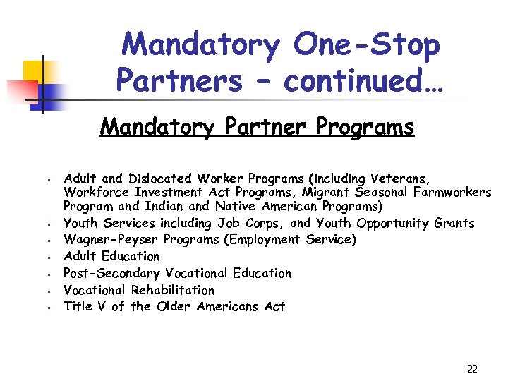 Mandatory One-Stop Partners – continued… Mandatory Partner Programs § § § § Adult and