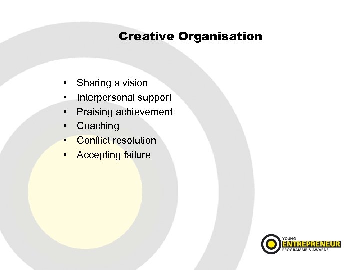 Creative Organisation • • • Sharing a vision Interpersonal support Praising achievement Coaching Conflict