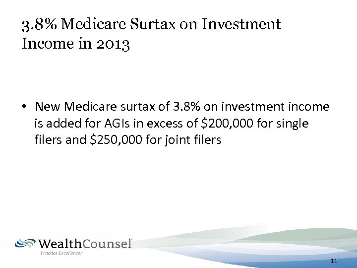 3. 8% Medicare Surtax on Investment Income in 2013 • New Medicare surtax of