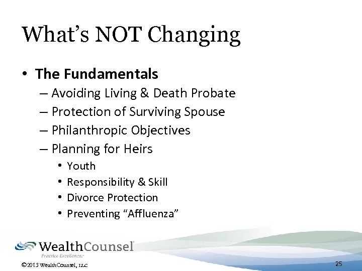 What’s NOT Changing • The Fundamentals – Avoiding Living & Death Probate – Protection