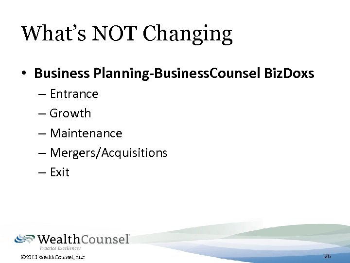 What’s NOT Changing • Business Planning-Business. Counsel Biz. Doxs – Entrance – Growth –