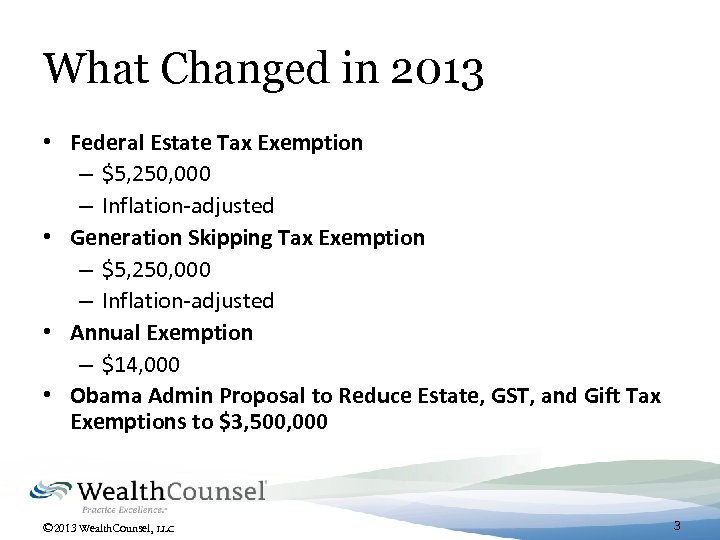 What Changed in 2013 • Federal Estate Tax Exemption – $5, 250, 000 –