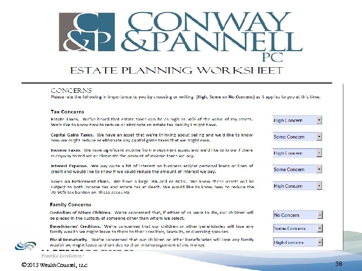 © 2013 Wealth. Counsel, LLC 38 