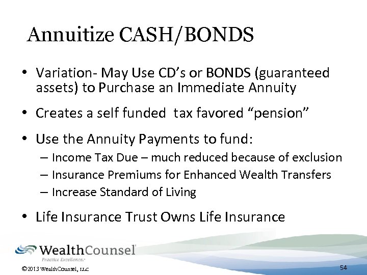Annuitize CASH/BONDS • Variation- May Use CD’s or BONDS (guaranteed assets) to Purchase an