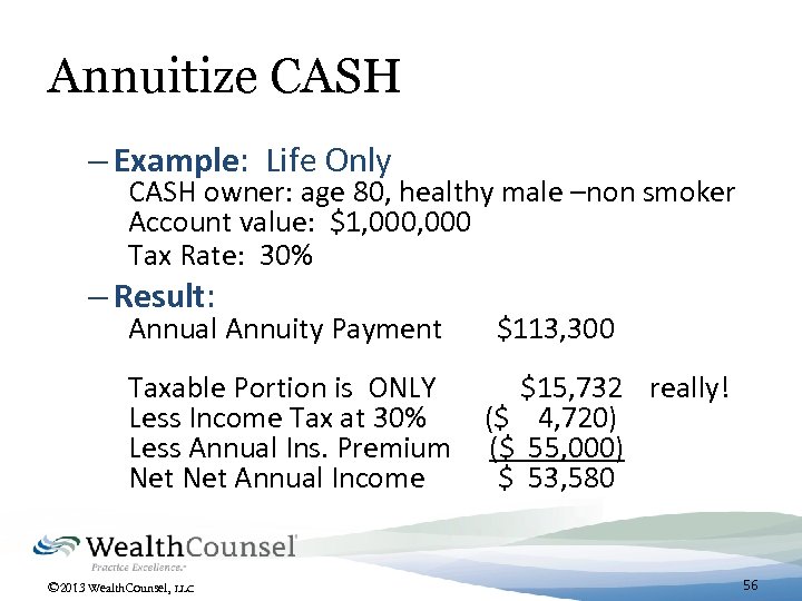 Annuitize CASH – Example: Life Only CASH owner: age 80, healthy male –non smoker