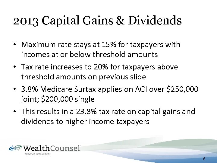 2013 Capital Gains & Dividends • Maximum rate stays at 15% for taxpayers with