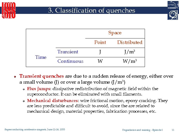 3. Classification of quenches Space Point Time Transient Continuous Distributed J J/m 3 W
