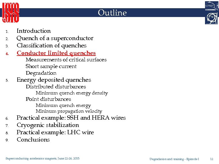 Outline 1. 2. 3. 4. Introduction Quench of a superconductor Classification of quenches Conductor