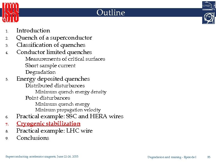 Outline 1. 2. 3. 4. Introduction Quench of a superconductor Classification of quenches Conductor