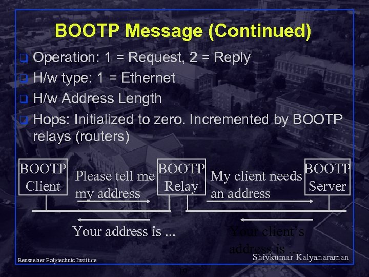 BOOTP Message (Continued) Operation: 1 = Request, 2 = Reply q H/w type: 1