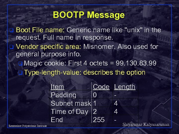 BOOTP Message Boot File name: Generic name like 