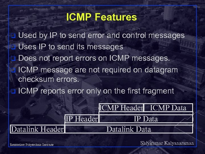 ICMP Features Used by IP to send error and control messages q Uses IP