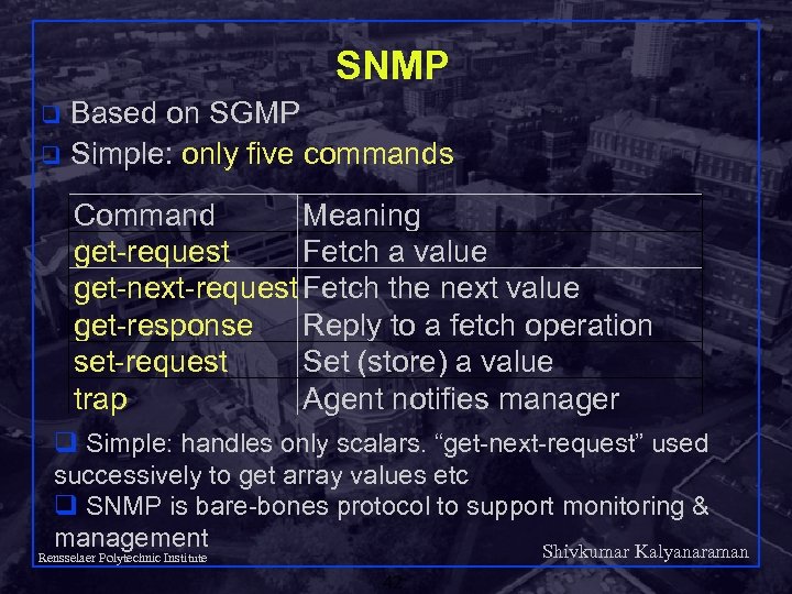 SNMP Based on SGMP q Simple: only five commands q Command Meaning get-request Fetch