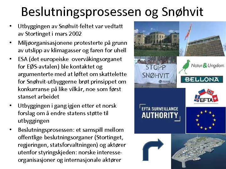 Beslutningsprosessen og Snøhvit • Utbyggingen av Snøhvit-feltet var vedtatt av Stortinget i mars 2002