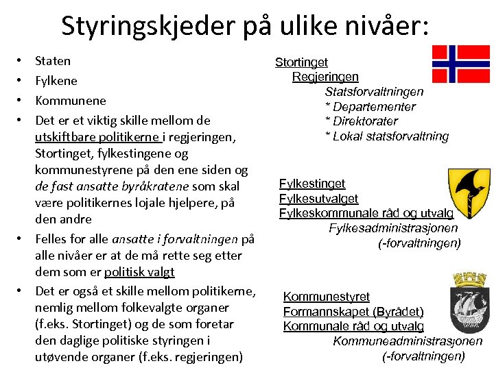 Styringskjeder på ulike nivåer: Staten Fylkene Kommunene Det er et viktig skille mellom de